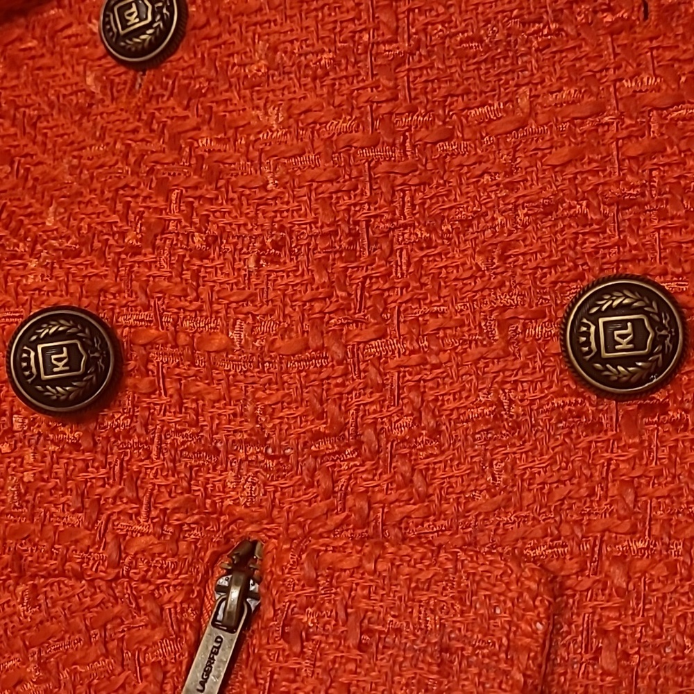 NWT KARL LAGERFELD PARIS ORANGE TWEED DOUBLE BREASTED BLAZER - Picture 7 of 14